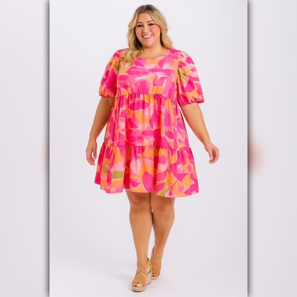A474 • Pink Orange Abstract Puff Sleeve Dress